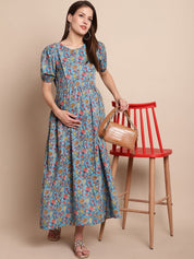 Blue & Peach Floral Maternity Dress