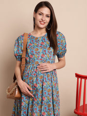 Blue & Peach Floral Maternity Dress