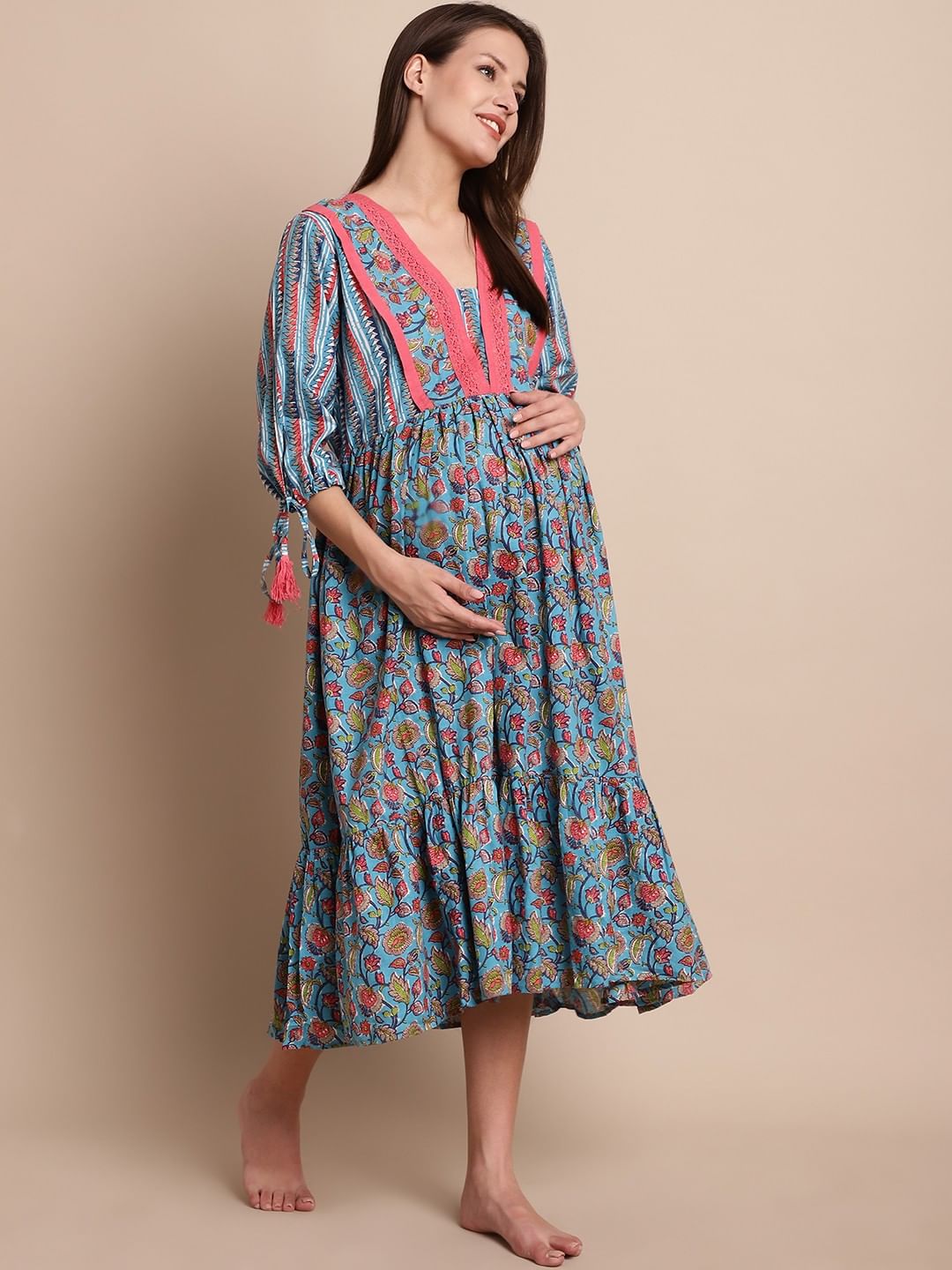 Blue & Peach Floral Maternity Dress