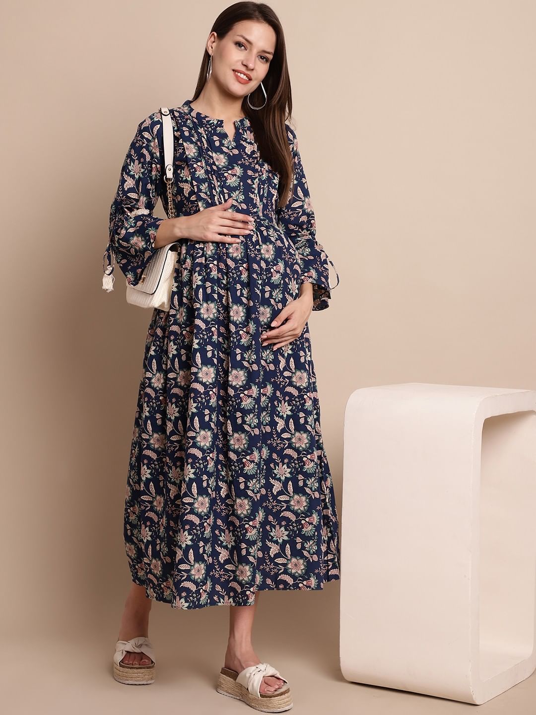 Navy Blue Floral Maternity Dress
