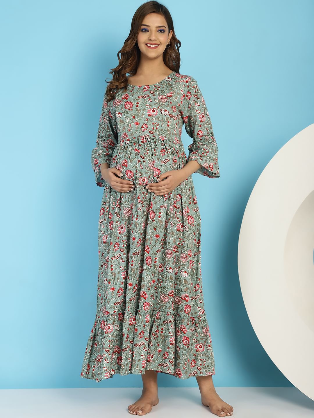 Green Floral Rayon Maternity Dress