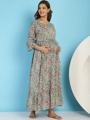 Green Floral Rayon Maternity Dress