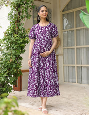 Floral Print Purple Cotton Maternity Nightdress