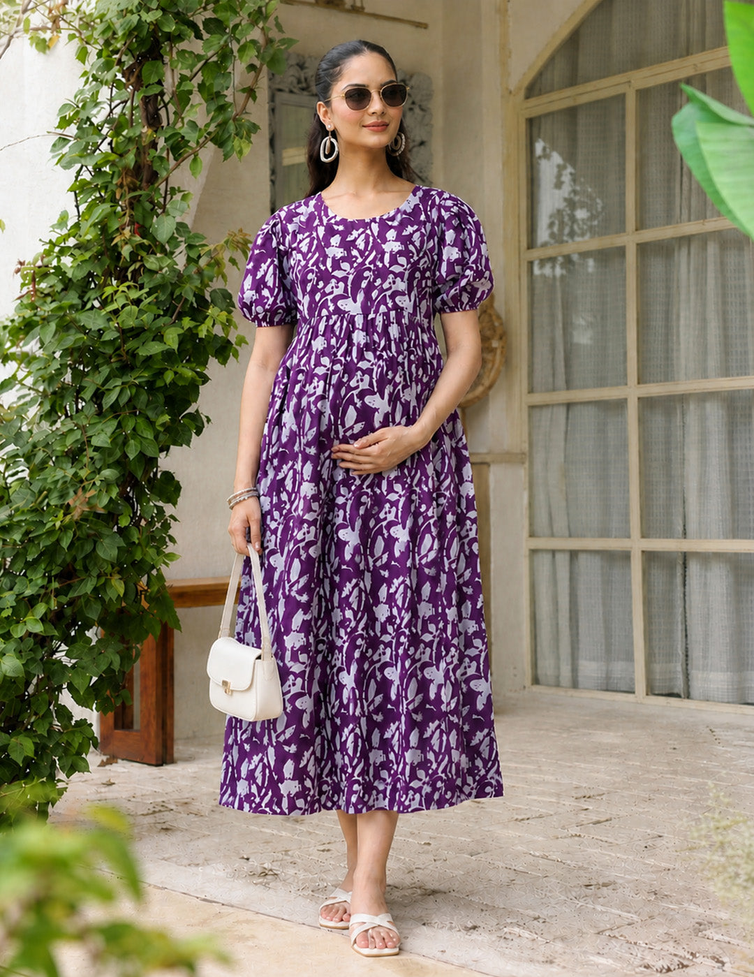 Floral Print Purple Cotton Maternity Nightdress