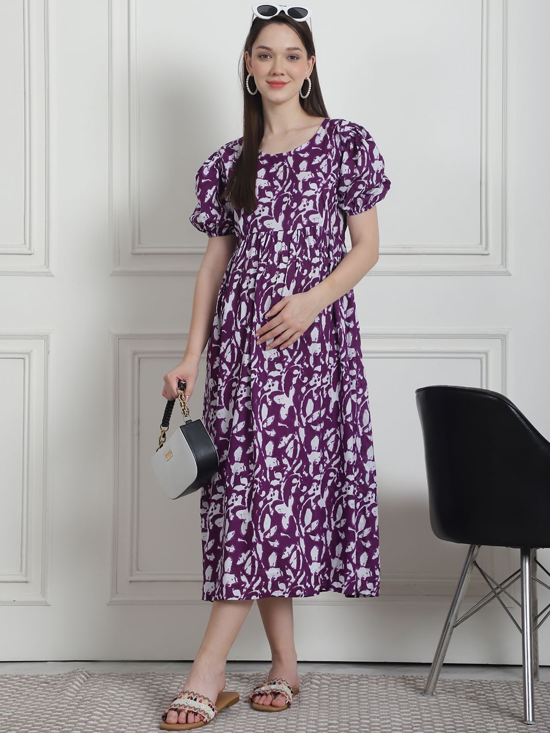 Floral Print Purple Cotton Maternity Nightdress