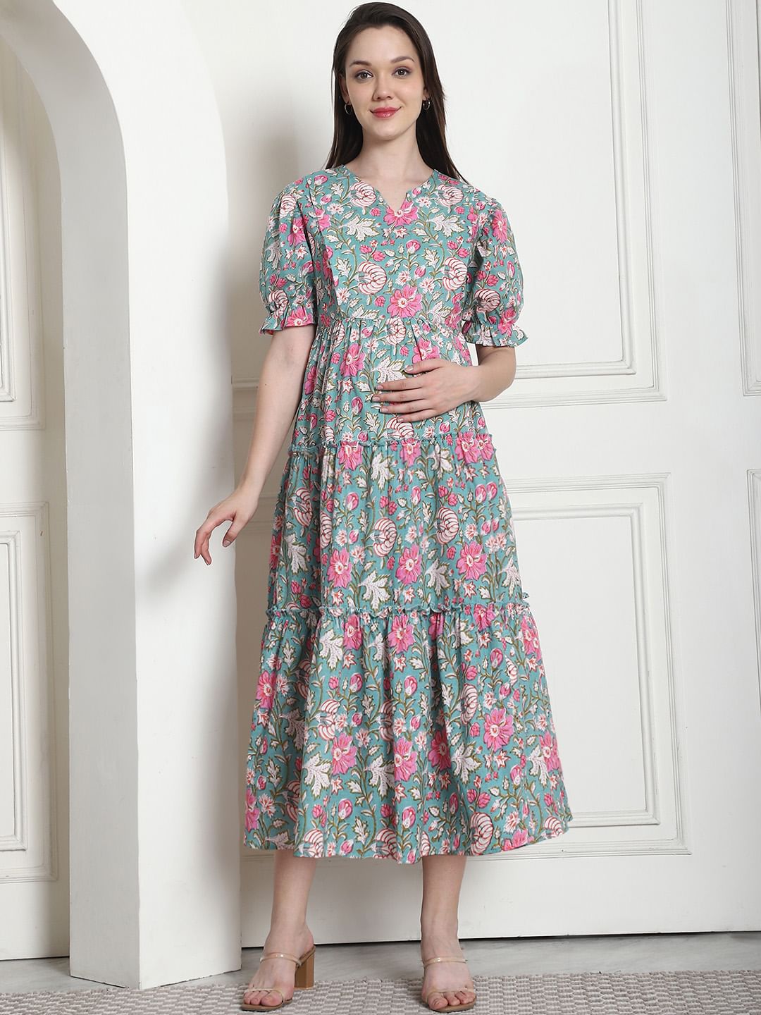 Floral Print Green Cotton Fit & Flare Maternity Dress