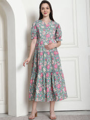 Floral Print Green Cotton Fit & Flare Maternity Dress
