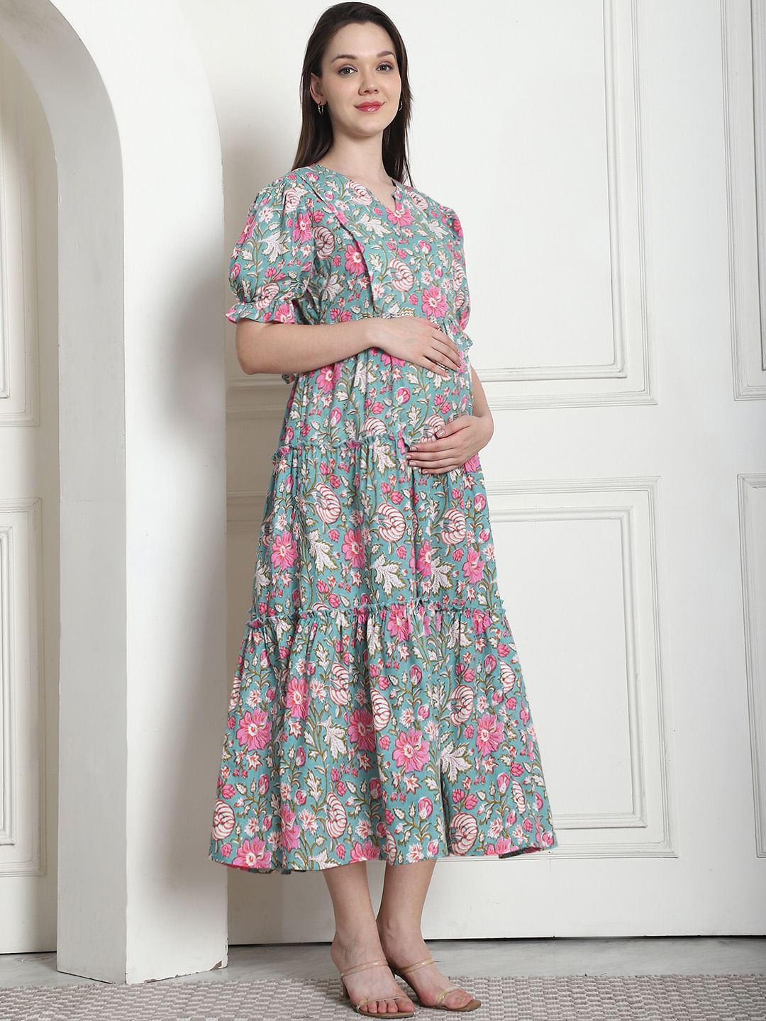 Floral Print Green Cotton Fit & Flare Maternity Dress