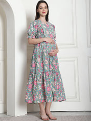 Floral Print Green Cotton Fit & Flare Maternity Dress