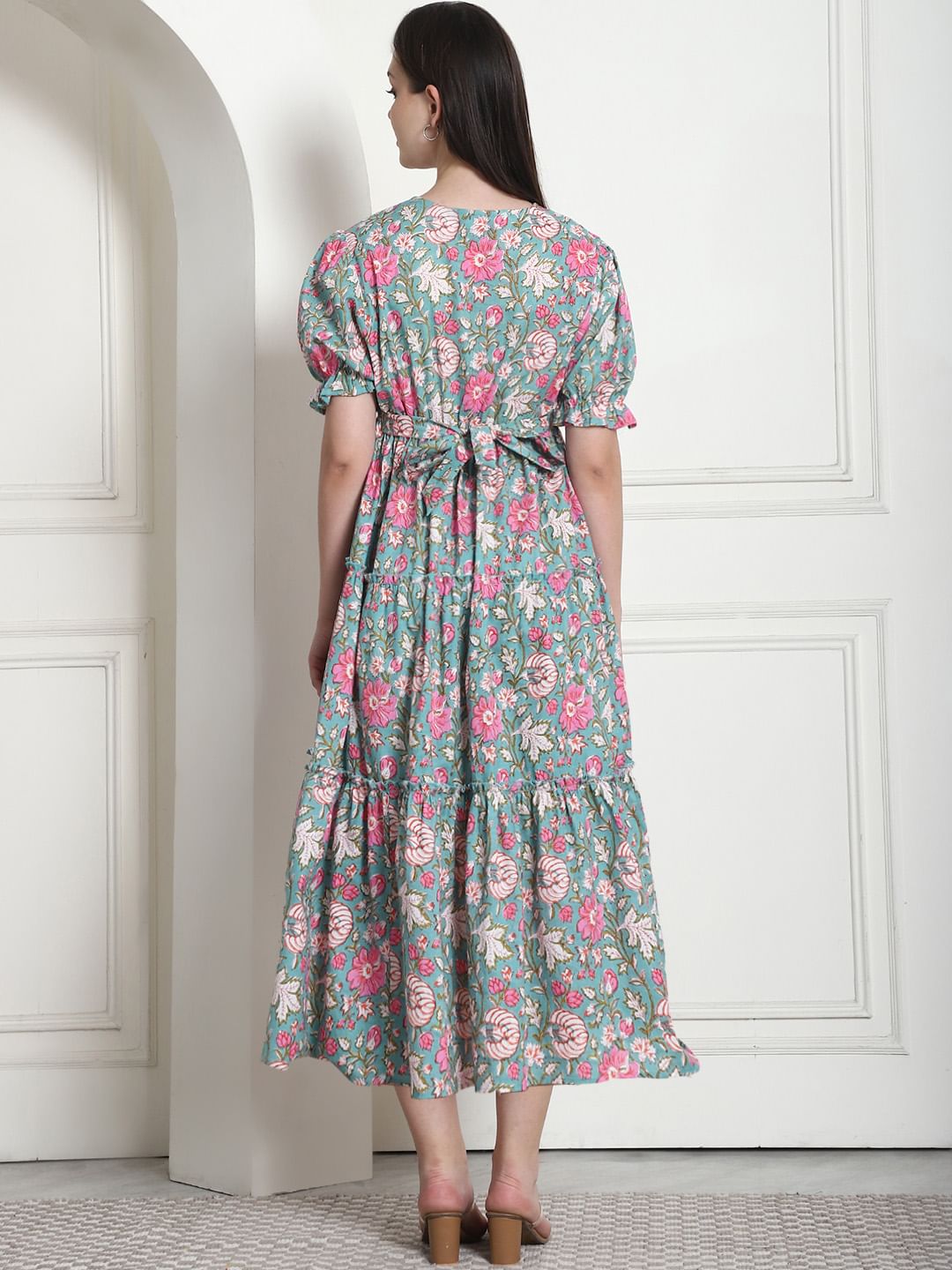 Floral Print Green Cotton Fit & Flare Maternity Dress