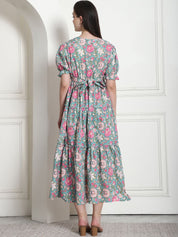 Floral Print Green Cotton Fit & Flare Maternity Dress