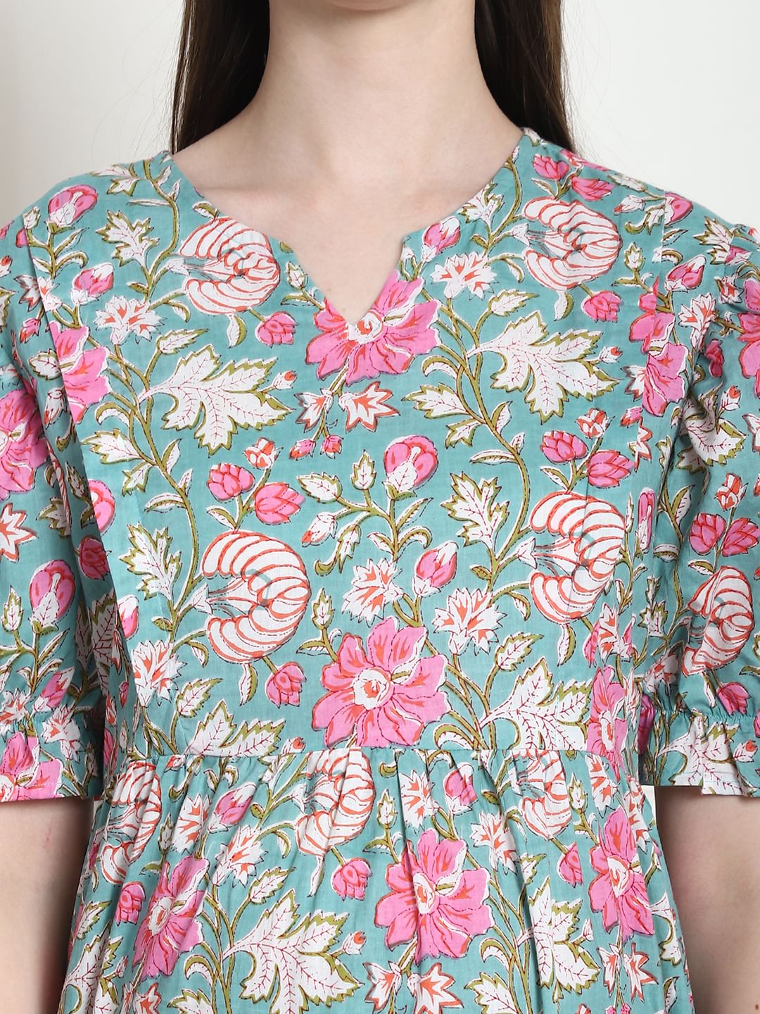 Floral Print Green Cotton Fit & Flare Maternity Dress