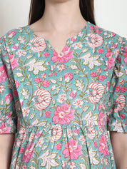 Floral Print Green Cotton Fit & Flare Maternity Dress