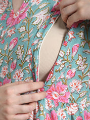 Floral Print Green Cotton Fit & Flare Maternity Dress