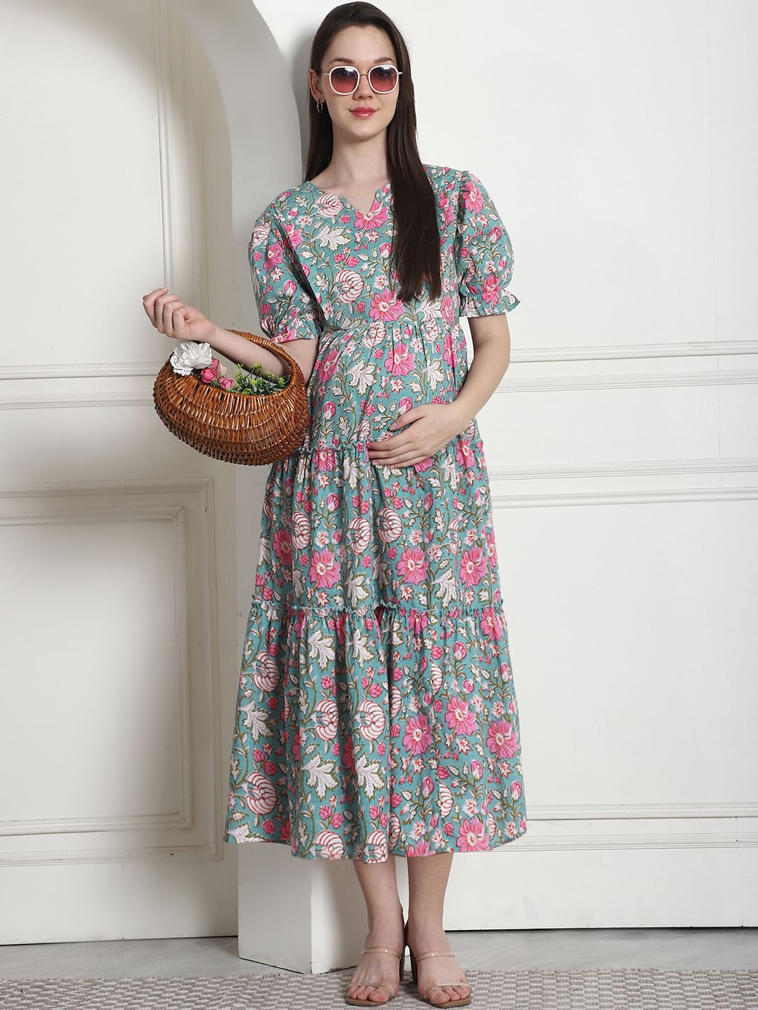 Floral Print Green Cotton Fit & Flare Maternity Dress