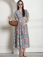Floral Print Green Cotton Fit & Flare Maternity Dress