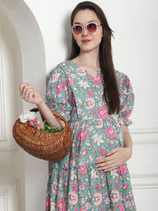 Floral Print Green Cotton Fit & Flare Maternity Dress