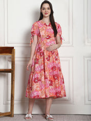 Floral Print Peach Cotton Fit & Flare Maternity Dress