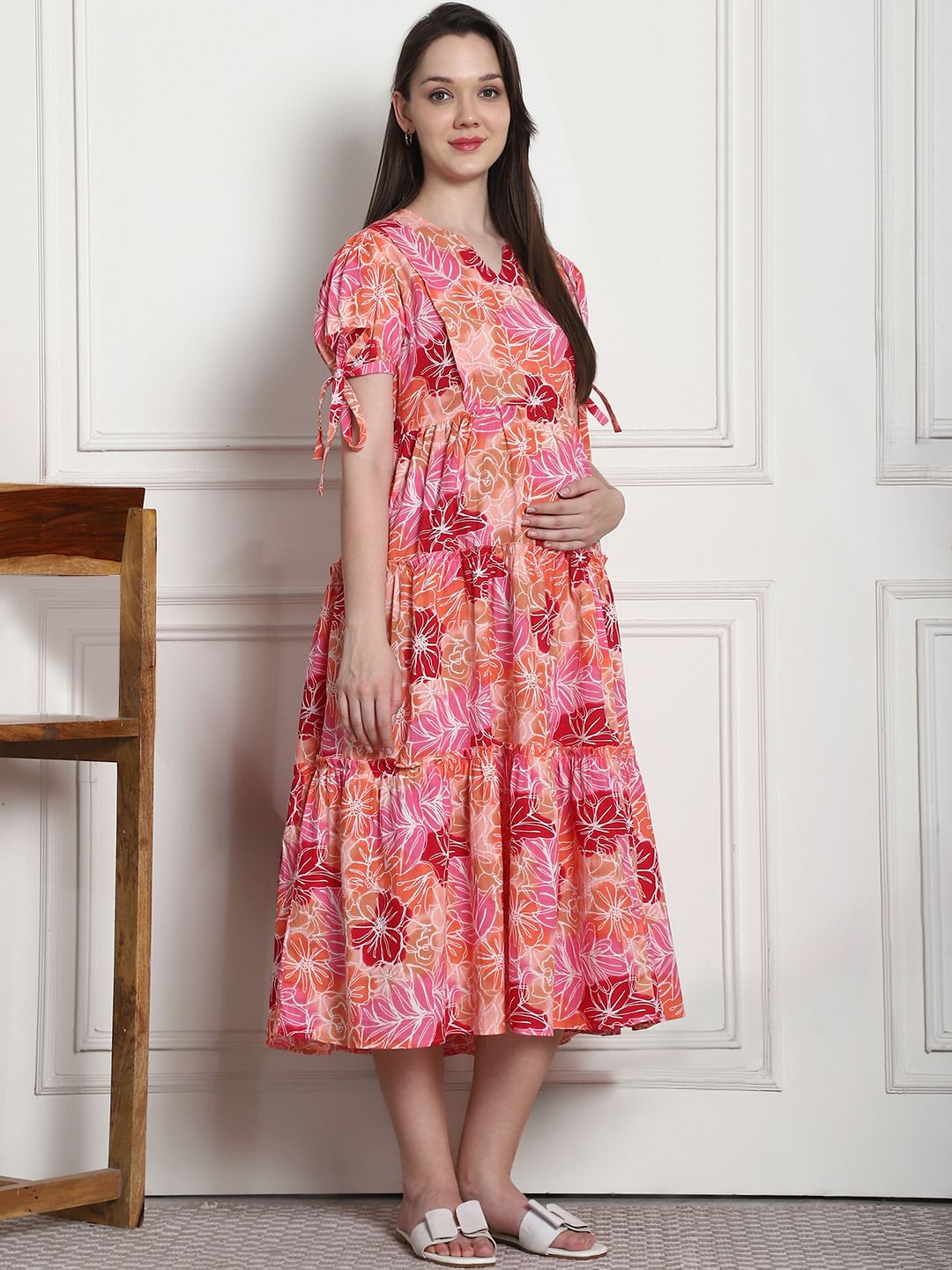 Floral Print Peach Cotton Fit & Flare Maternity Dress