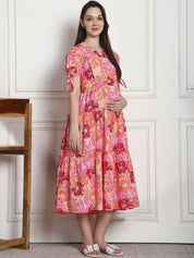 Floral Print Peach Cotton Fit & Flare Maternity Dress
