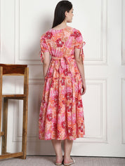 Floral Print Peach Cotton Fit & Flare Maternity Dress
