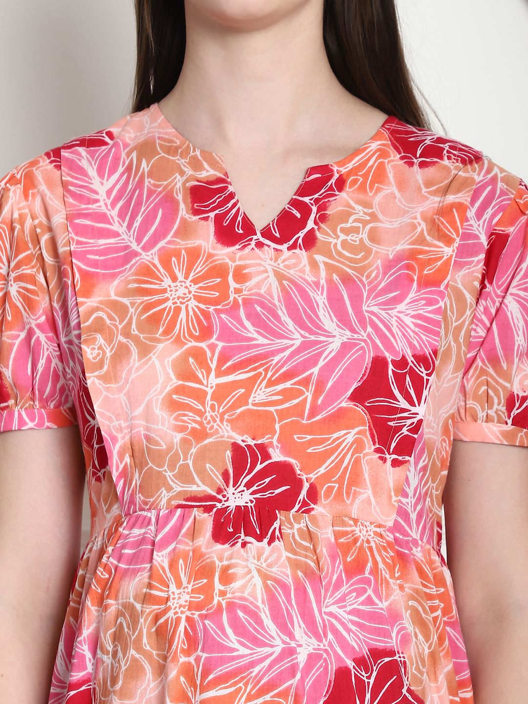 Floral Print Peach Cotton Fit & Flare Maternity Dress