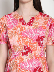 Floral Print Peach Cotton Fit & Flare Maternity Dress
