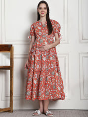 Floral Print Orange Cotton Fit & Flare Maternity Dress