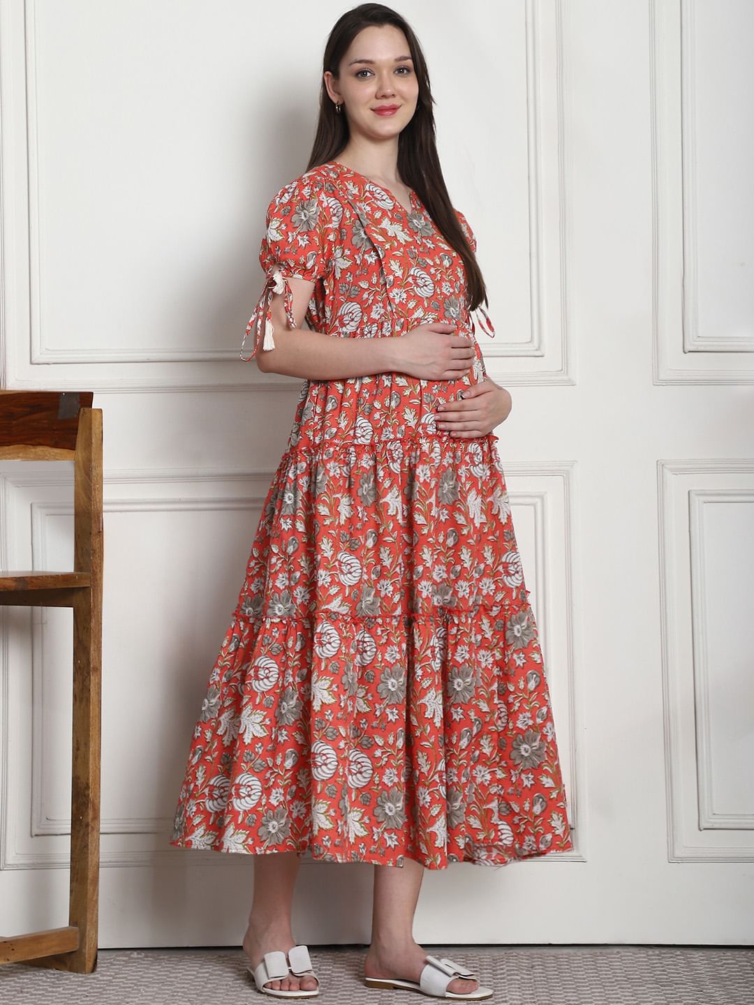 Floral Print Orange Cotton Fit & Flare Maternity Dress