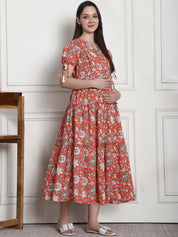 Floral Print Orange Cotton Fit & Flare Maternity Dress