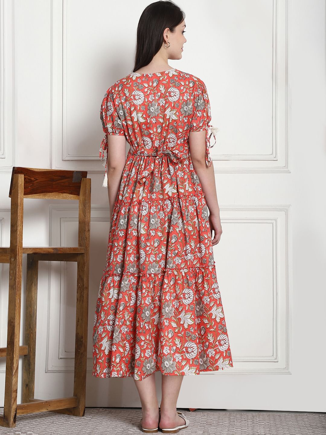 Floral Print Orange Cotton Fit & Flare Maternity Dress