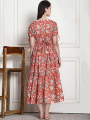 Floral Print Orange Cotton Fit & Flare Maternity Dress