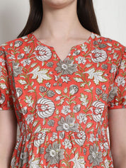 Floral Print Orange Cotton Fit & Flare Maternity Dress