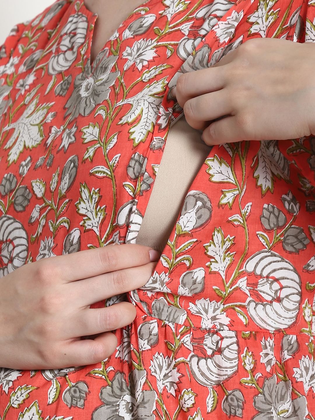 Floral Print Orange Cotton Fit & Flare Maternity Dress