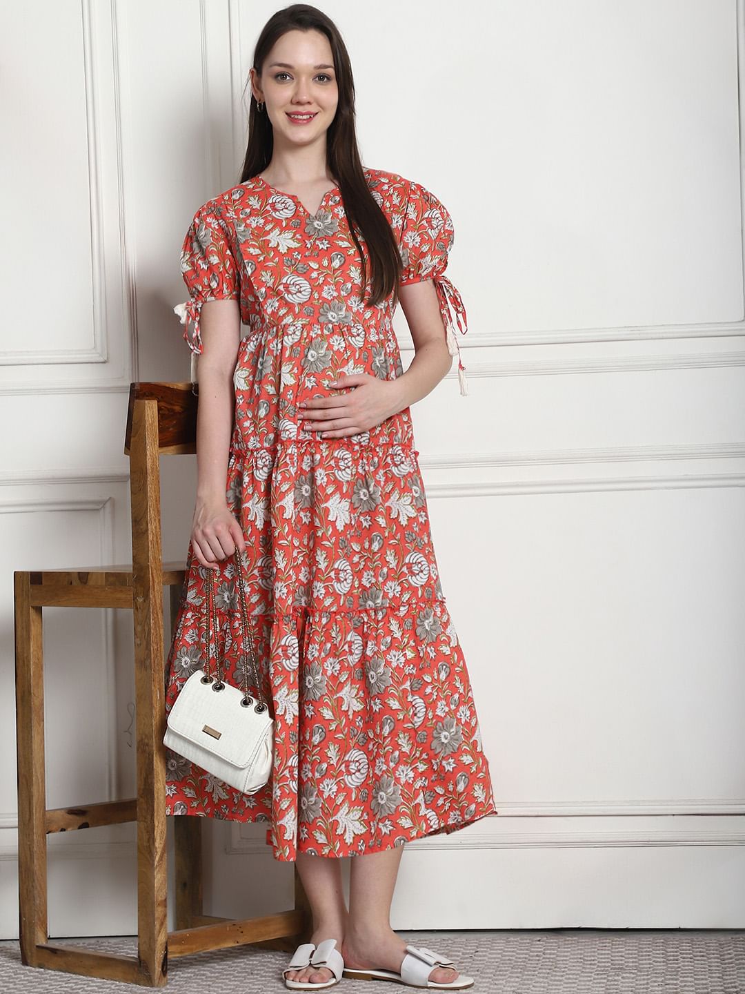 Floral Print Orange Cotton Fit & Flare Maternity Dress