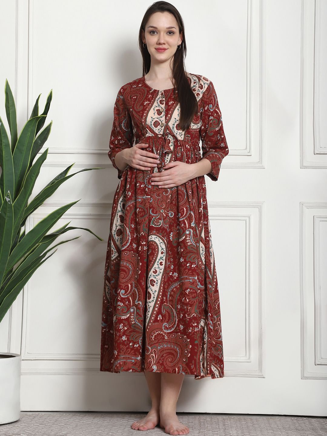 Printed Maroon Cotton Maternity Nightdress
