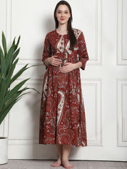 Printed Maroon Cotton Maternity Nightdress