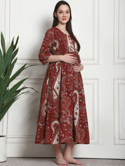 Printed Maroon Cotton Maternity Nightdress