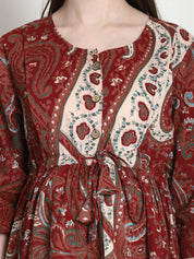 Printed Maroon Cotton Maternity Nightdress