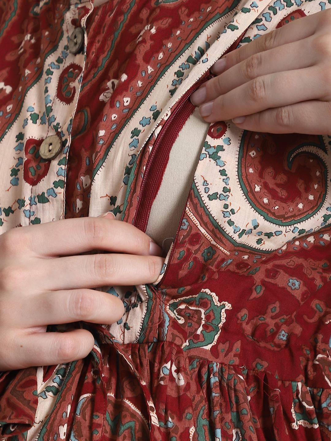 Printed Maroon Cotton Maternity Nightdress