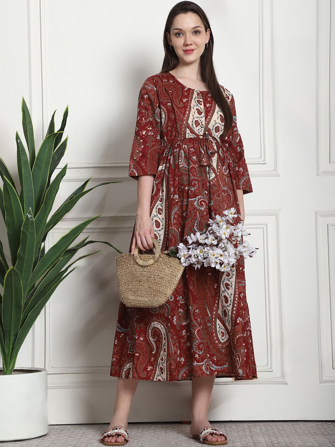 Printed Maroon Cotton Maternity Nightdress