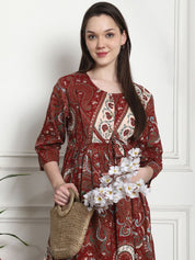 Printed Maroon Cotton Maternity Nightdress