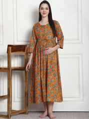 Floral Print Orange Cotton Maternity Nightdress