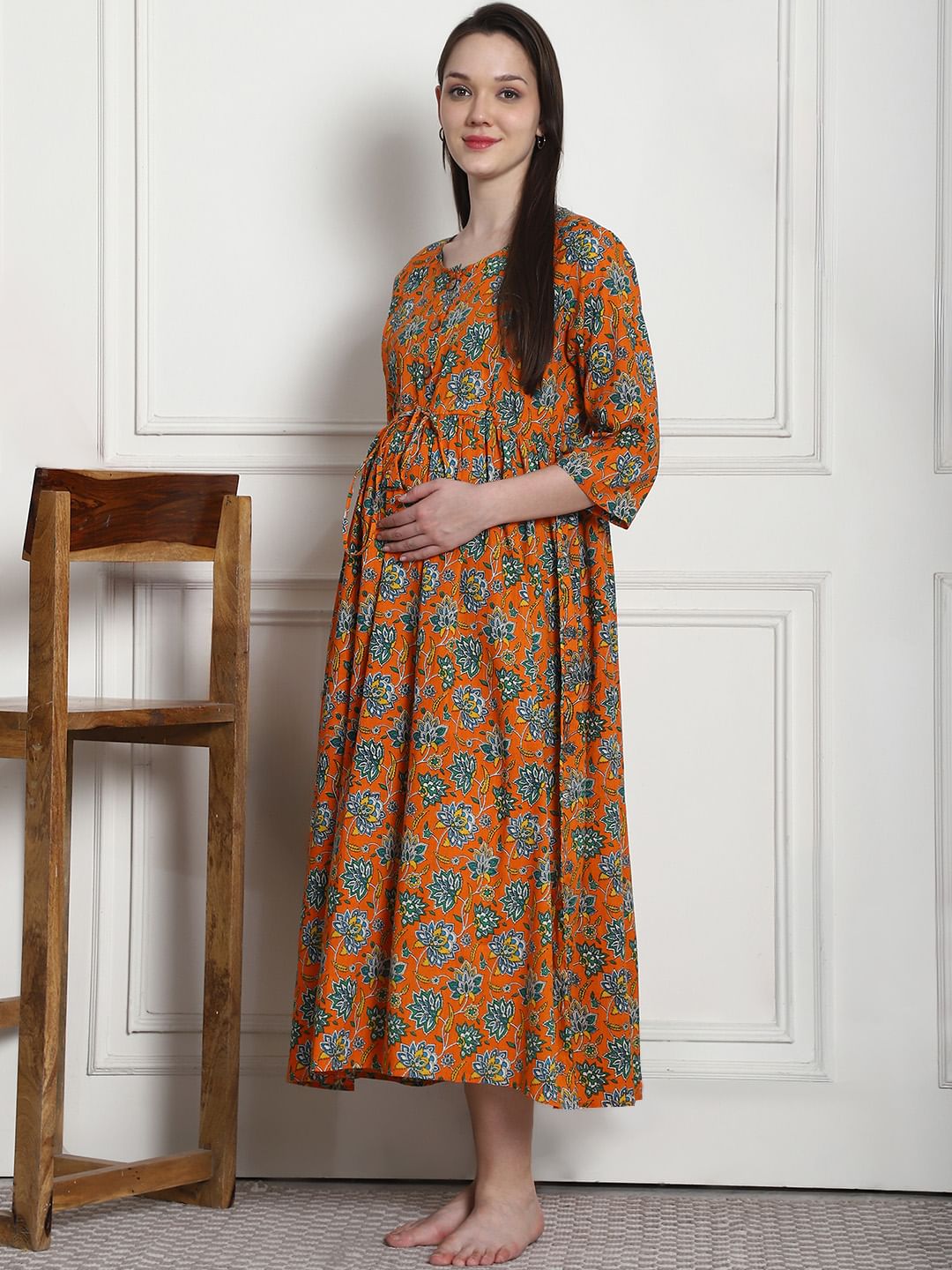 Floral Print Orange Cotton Maternity Nightdress