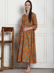 Floral Print Orange Cotton Maternity Nightdress