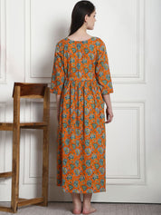 Floral Print Orange Cotton Maternity Nightdress