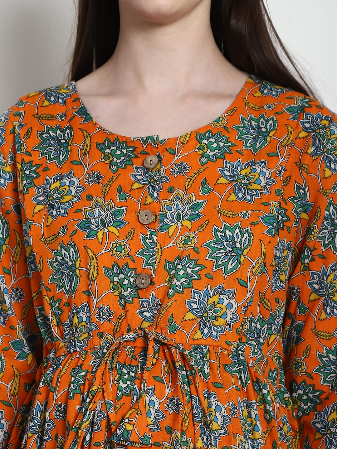 Floral Print Orange Cotton Maternity Nightdress