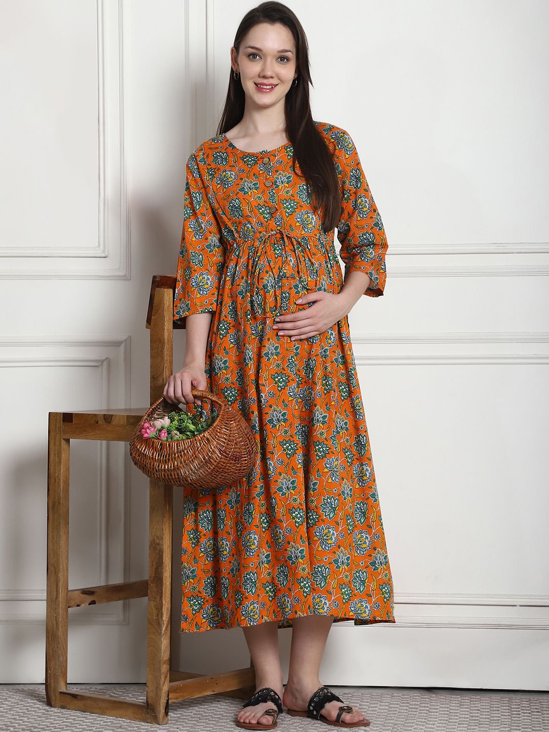 Floral Print Orange Cotton Maternity Nightdress