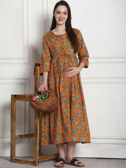 Floral Print Orange Cotton Maternity Nightdress
