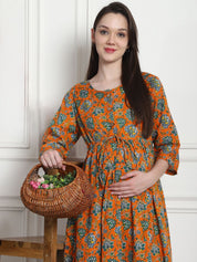 Floral Print Orange Cotton Maternity Nightdress